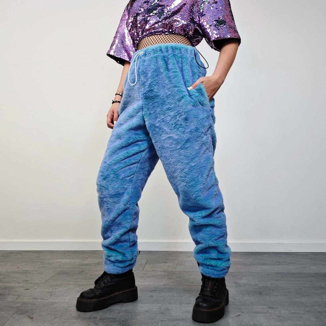 Chameleon faux fur joggers blue luminous fleece pants color changing trousers psychedelic bottoms handmade rave festival set