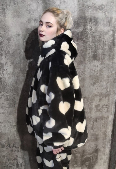 Heart fleece jacket hand made faux fur love bomber in black