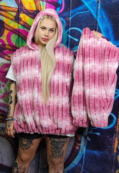 Tie-dye fleece jacket detachable gradient fluffy bomber pink