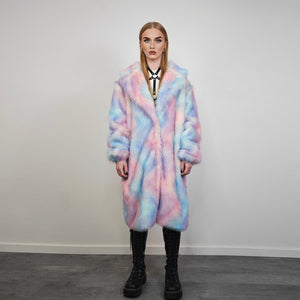 Tie-dye coat faux fur pastel pink shaggy trench abstract pattern overcoat watercolor bomber detachable festival jacket rainbow peacoat blue