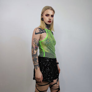 Transparent sequin t-shirt glitter mesh top sparkly vest party tee glam jumper fancy dress embellished going out rhinestone tee neon green