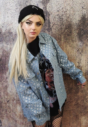 Embellished denim jacket embroidered denim bomber in blue