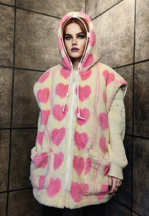 Pink heart fleece jacket handmade detachable puffer in cream