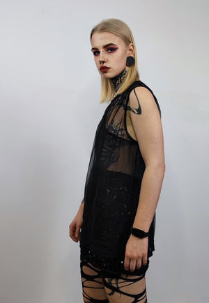 Transparent tank top two layer see-through vest in black