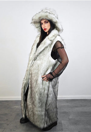 Ken faux fur coat off white fuzzy long length party trench