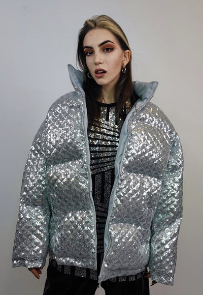 Sequin bomber jacket silver metallic embellished rave puffer