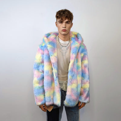 Hooded faux fur unicorn jacket rainbow bomber pastel raver coat fluffy tie-dye fleece festival puffer burning man barbie overcoat pink blue