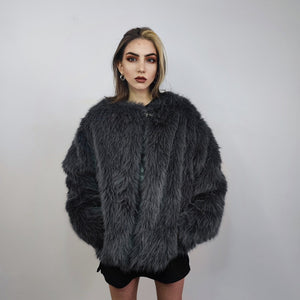 Grey faux fur jacket luxury collarless coat faux leather lapel bomber grunge fleece imitation overcoat short fluffy catwalk fox fur peacoat