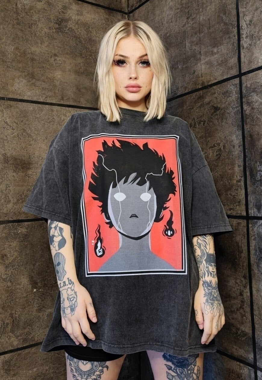 Anime t-shirt premium vintage wash grunge tee in grey