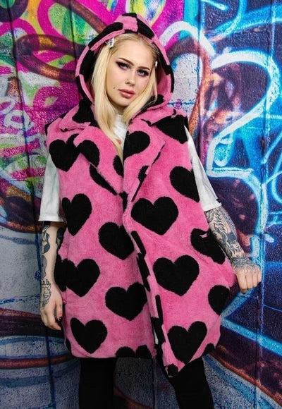 Heart fleece coat handmade 2 in1 detachable rave jacket pink