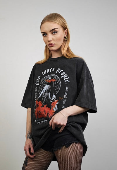 Saint t-shirt flame tee grunge religion top in vintage grey