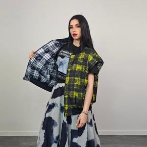 Paisley print bomber black white check jacket plaid reversible bandanna pattern college varsity detachable sleeves handmade tartan coat