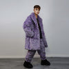 Checked faux fur joggers geometric raver pants fluffy winter trousers skiing fleece overalls festival bottoms neon burning man pants purple