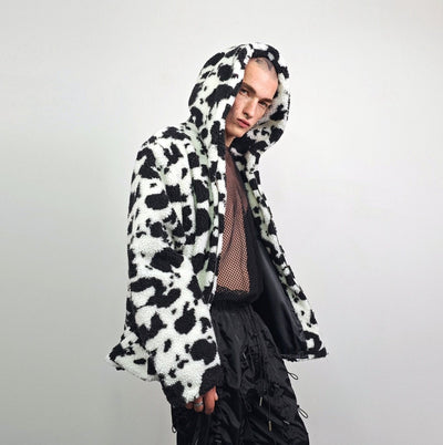 Cow fleece jacket white hooded animal print bomber festival coat furry overcoat spot print  pullover Dalmatian jumper psychedelic rave top