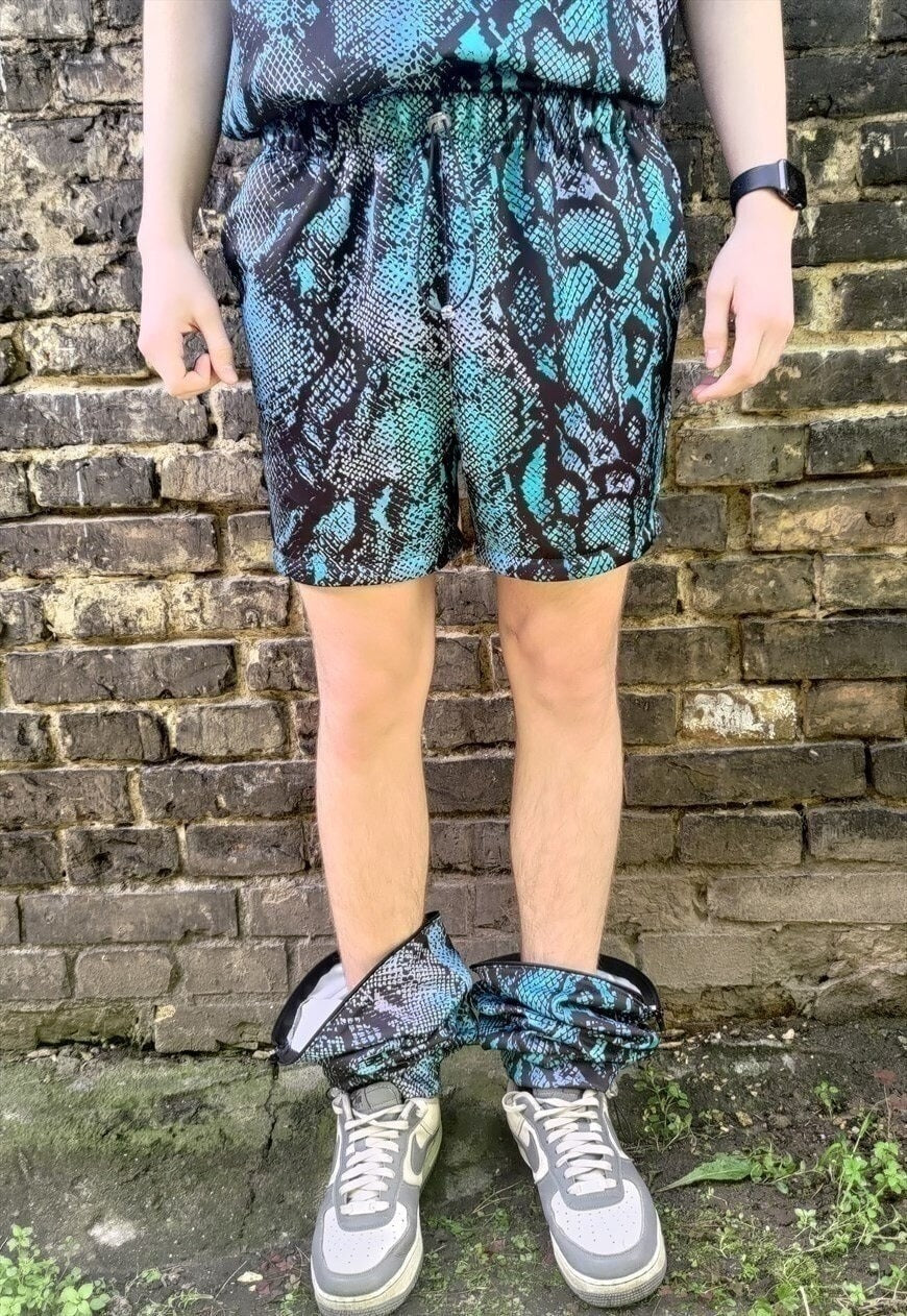 Detachable snake joggers handmade shorts python pants blue