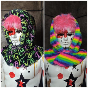 Faux fur hood pastel pink blue snood handmade hooded hat raver cap allover fluffy fleece scarf unisex bucket grunge winter festival headwear