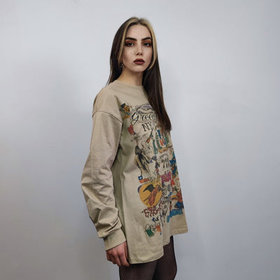 Pop art sweatshirt retro print top thin cartoon jumper gamer sweater psychedelic pullover Y2K print t-shirt in brown