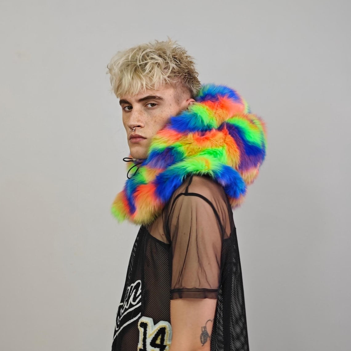 Faux fur hood rainbow snood handmade hooded unicorn hat all over fluffy rave fleece scarf unisex burning man striped bucket grunge headwear