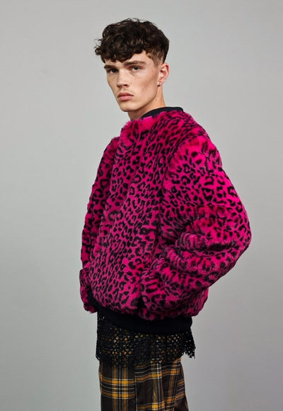 Short leopard jacket pink animal print fluffy college bomber