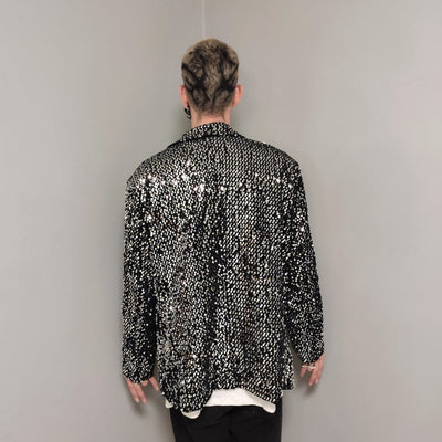 Silver sequin blazer metallic jacket formal going out embellished frock luminous sparkle bomber rave coat glitter varsity catwalk jacket