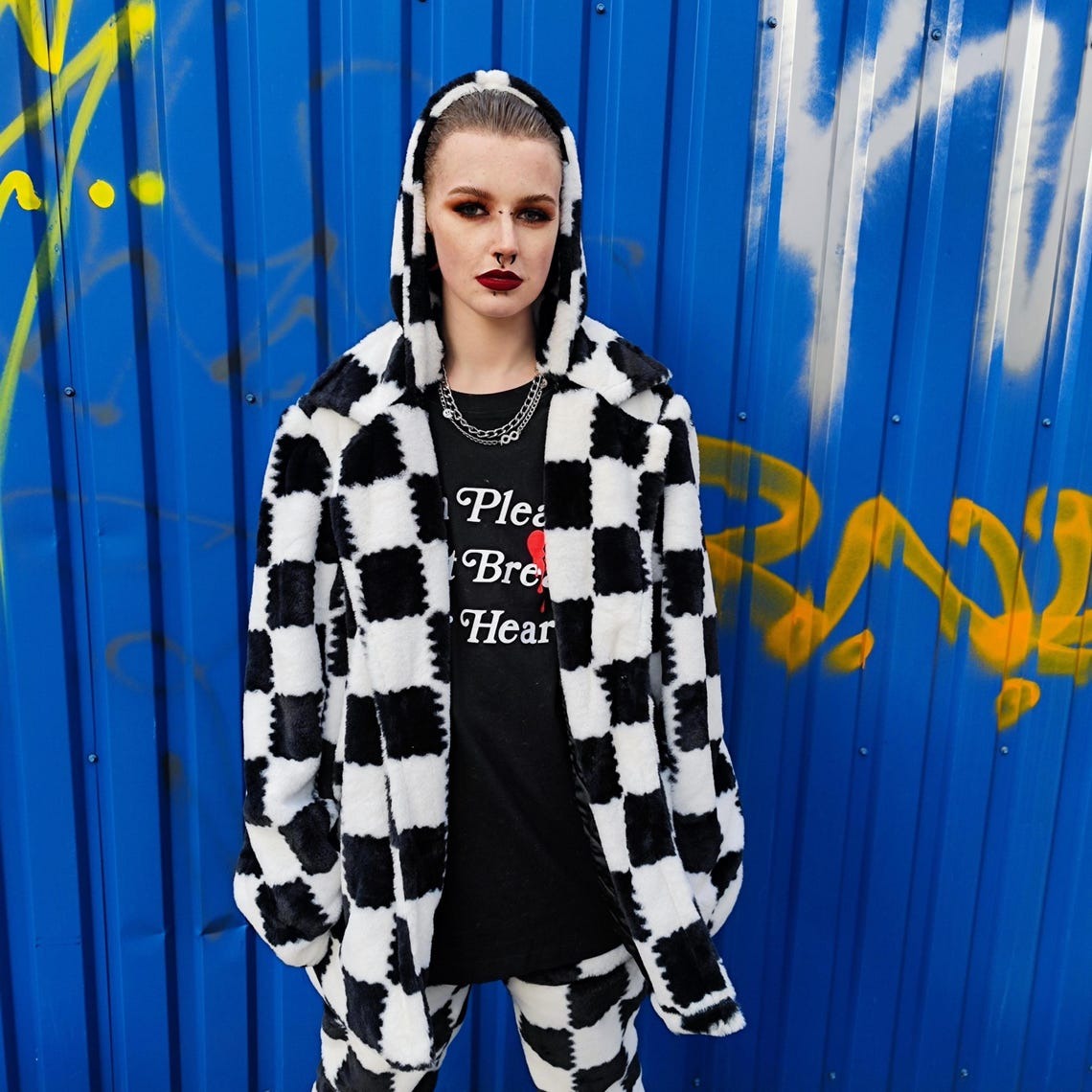 Checked trench coat faux fur white black overcoat plaid jacket SKA bomber detachable sleeves handmade rave puffer festival Coachella fleece