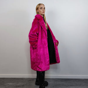 Neon faux fur longline coat shaggy trench bright raver bomber fluffy winter fleece festival jacket burning man coat in fuchsia pink