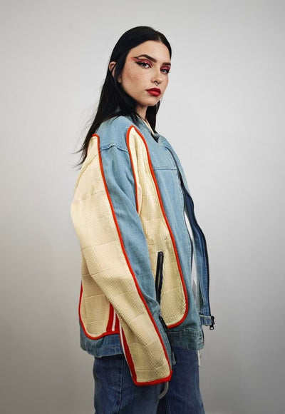 Reworked denim racing jacket colour blocked varsity bomber