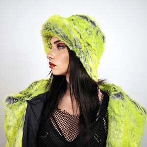 Luminous faux fur coat neon green trench oversize lemon jacket festival overcoat fluorescent peacoat rave bomber psychedelic party fleece