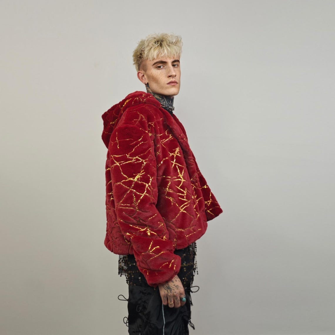 Collarless going out coat red gold glitter trench shiny embellished fleece jacket detachable sleeves handmade party overcoat festival set