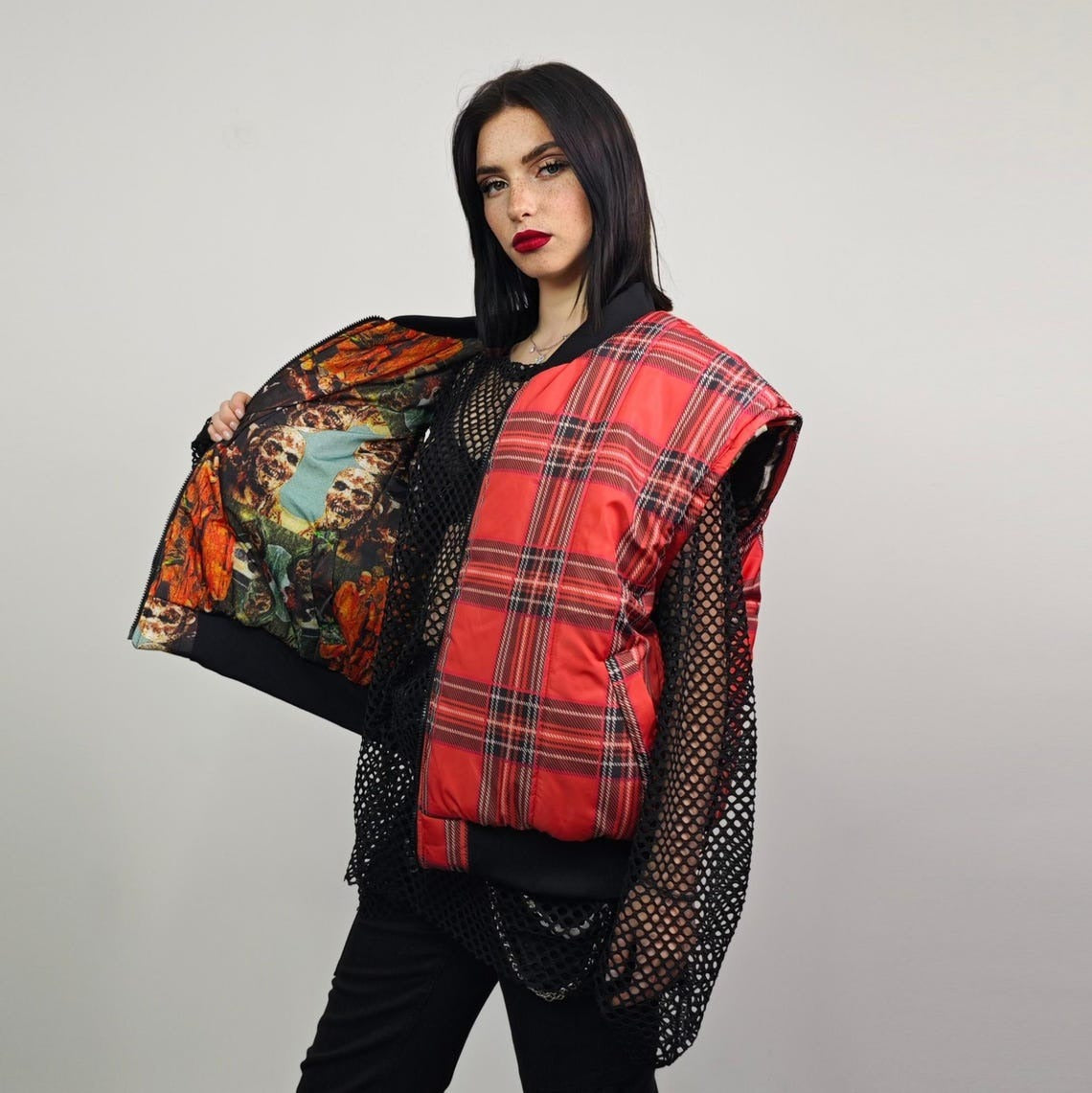 Zombie print bomber horror fan jacket creepy reversible college varsity detachable sleeves handmade tartan grunge punk coat