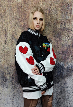 Heart patch varsity jacket faux leather sleeve bomber black