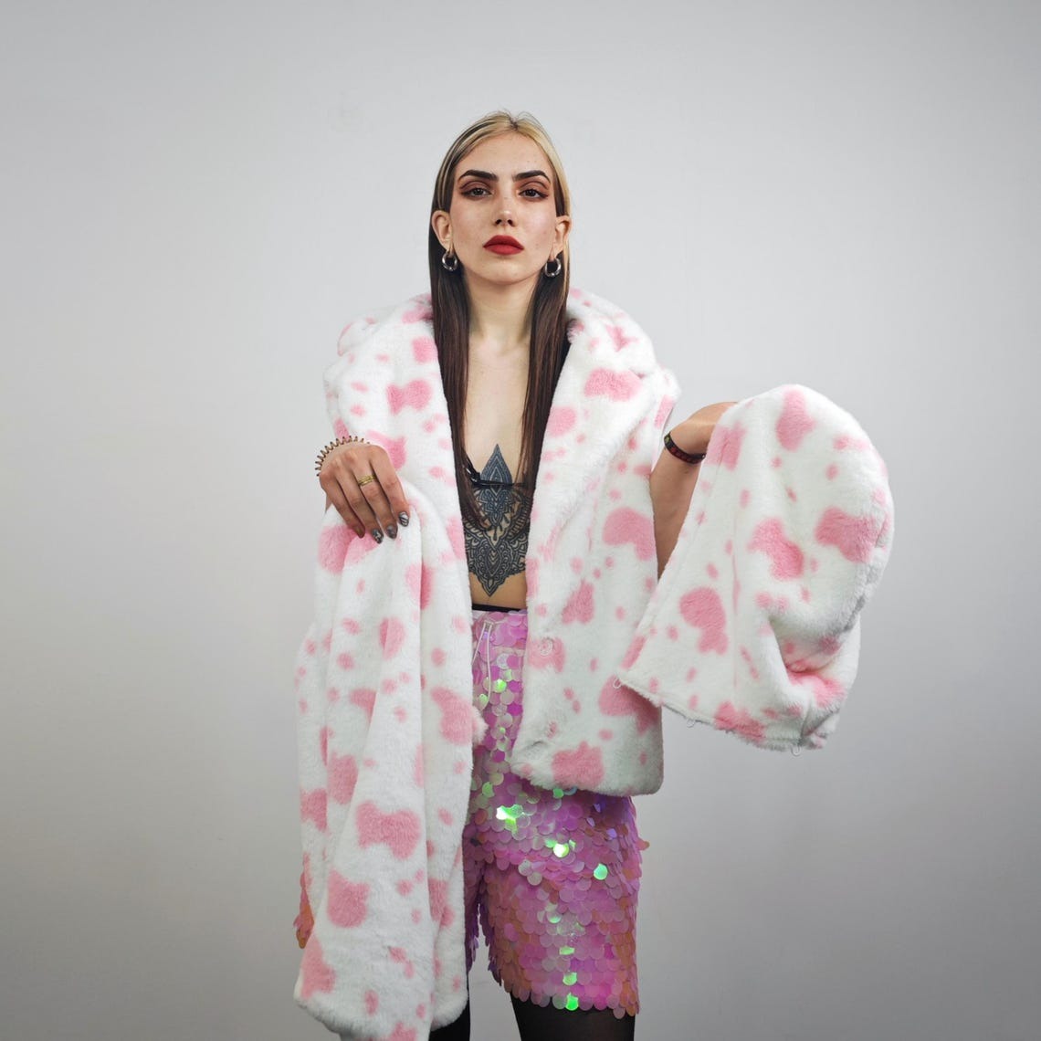 Cow shorts red white animal print bottoms going out fleece cropped trousers handmade short festival trousers fluffy spot print pants