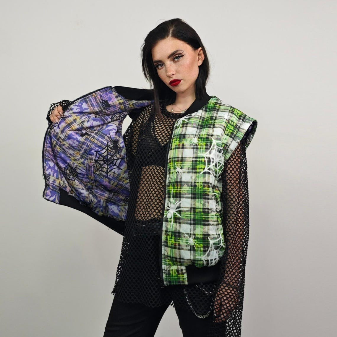 Spider web print jacket purple tie-dye bomber plaid check puffer punk reversible college varsity detachable sleeves handmade tartan coat