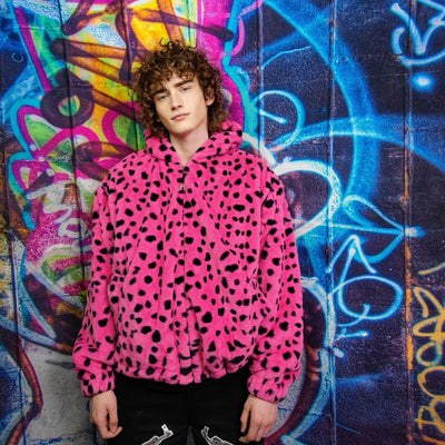 Leopard fleece jacket handmade detachable neon fluffy geometric bomber faux fur animal print coat in 2 in 1 festival jacket pink black