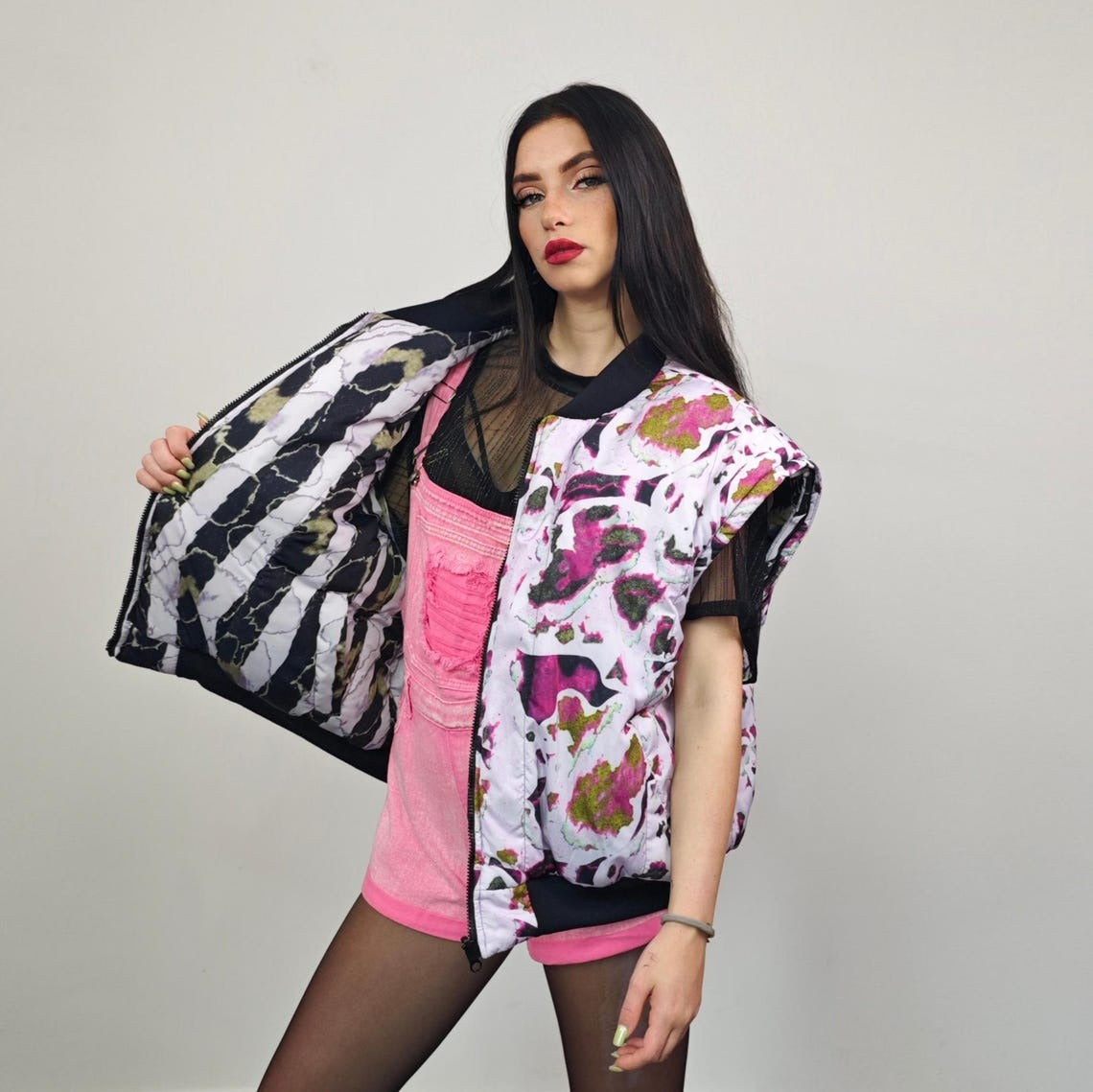 Vertical stripe bomber black white Beetlejuice jacket creepy reversible college varsity detachable sleeves handmade horror fan grunge coat