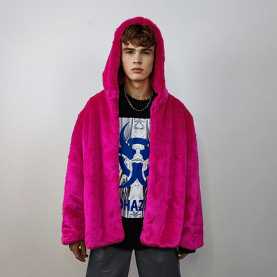 Hooded neon faux fur jacket shaggy bomber bright raver puffer fluffy fleece bright festival coat burning man overcoat in fuchsia pink