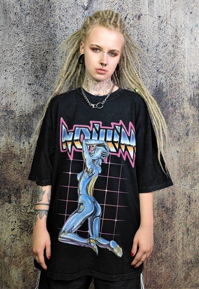 Cyber punk t-shirt grunge tee retro robot top in acid black