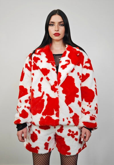 Short cow print coat red cropped animal print trench jacket