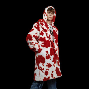 Cow print faux fur long coat hooded spot print trench rave bomber detachable fleece festival removable sleeves burning man jacket red white