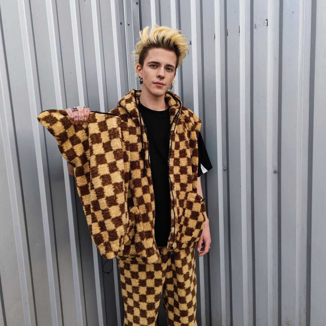 Checked fleece joggers brown Fluffy plaid trousers luxury SKA check pants handmade party hotpants geometric festival set raver tracksuit