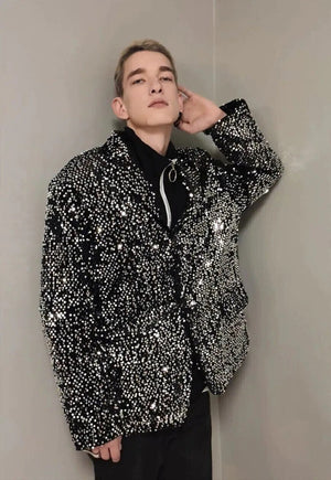 Oversized sparkly blazer sequined luminous shiny jacket grey