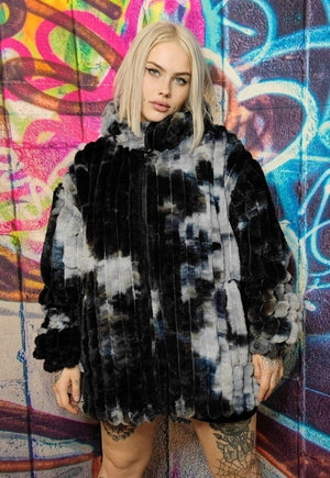 Tie-dye fleece jacket reversible faux fur gradient jacket