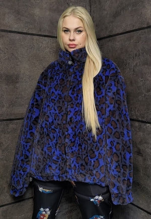 Leopard fleece jacket handmade reversible animal bomber blue