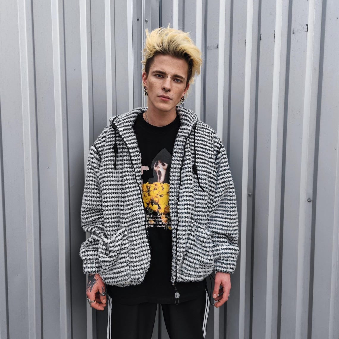 Geometric fleece jacket hooded fluffy bomber luxury striped coat detachable sleeves handmade removable sleeves overcoat fuzzy festival set