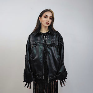 Faux leather biker jacket grunge motorcycle bomber PU utility coat belted racing trench rave varsity rubber high fashion gothic puffer black