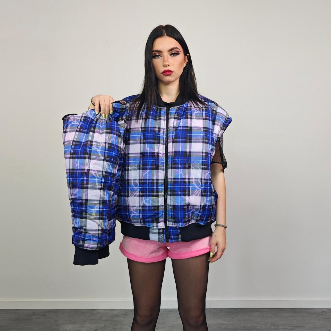 Plaid check bomber thunder print jacket reversible college varsity detachable sleeves e-boy vest handmade grunge rocker coat