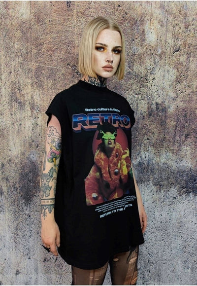 Y2K print sleeveless t-shirt cyber punk tank top surfer vest