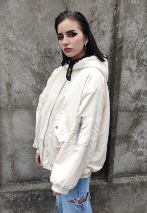 Reversible fleece MA-1 jacket faux fur hood bomber cream