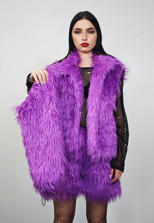 Shaggy faux fur jacket purple hairy fuzzy rave festival coat