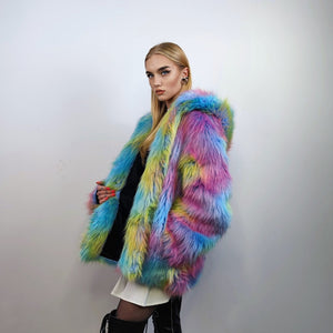 Hooded rainbow faux fur jacket unicorn bomber neon raver puffer fluffy tie-dye fleece psychedelic festival coat burning man going out trench